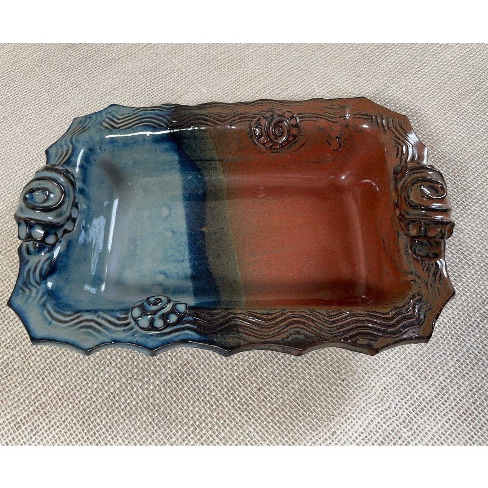 Ocean Seashell Motif Glazed Pottery Tray, 12 x 8 inches,‎ Beautiful Blue, Brown